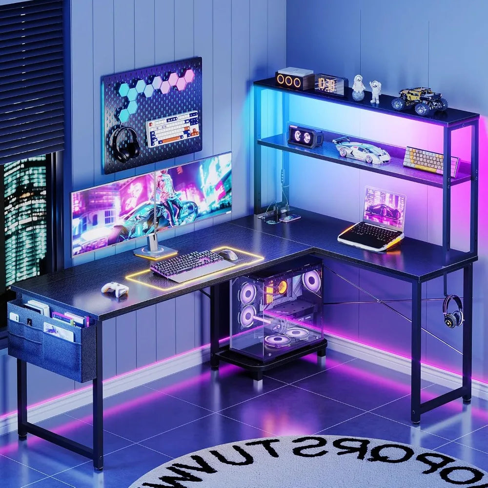 61" L Shaped Gaming Computer Desk with Shelves, LED Lights & Outlets, Black