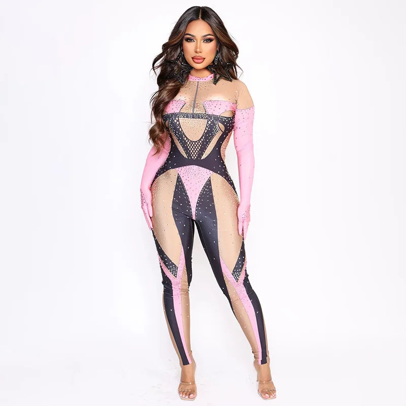 Sexy Full Diamond Long Sleeved Jumpsuit Ballroom Pole Dancer Performance Outfit Fashionable Club Suit Women's Photography