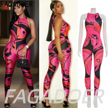 FAGADOER Fashion Rose Red Print Bodycon Jumpsuits Sexy Color Patchwork Off Shoulder Zipper Rompers Streetwear Club Playsuits New
