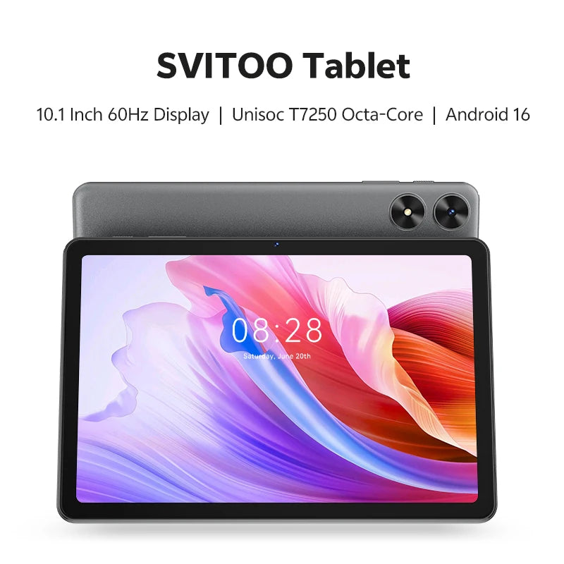 SVITOO Tablet For Kids 2026 Android 16 10.1 Inch Unisoc T7250 Octa-Core Processor 4GB Physical RAM + 16GB Virtual RAM 128GB ROM 1TB Expandable 6600mAh Battery Dual Band 2.4GHz 5GHz WiFi 5 Bluetooth 5.0 GPS Widevine L1 With Ca