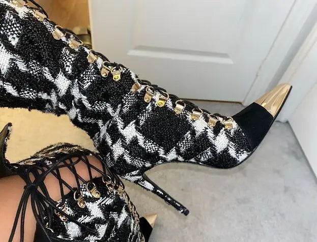 Sexy Women's Black White Plaid Gold Metal Pointed Toe Cross Tied Gladiator Turned Over Edge Thin Heels Over The Knee Thigh Boots