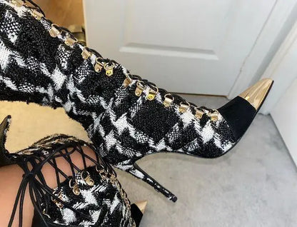 Sexy Women's Black White Plaid Gold Metal Pointed Toe Cross Tied Gladiator Turned Over Edge Thin Heels Over The Knee Thigh Boots