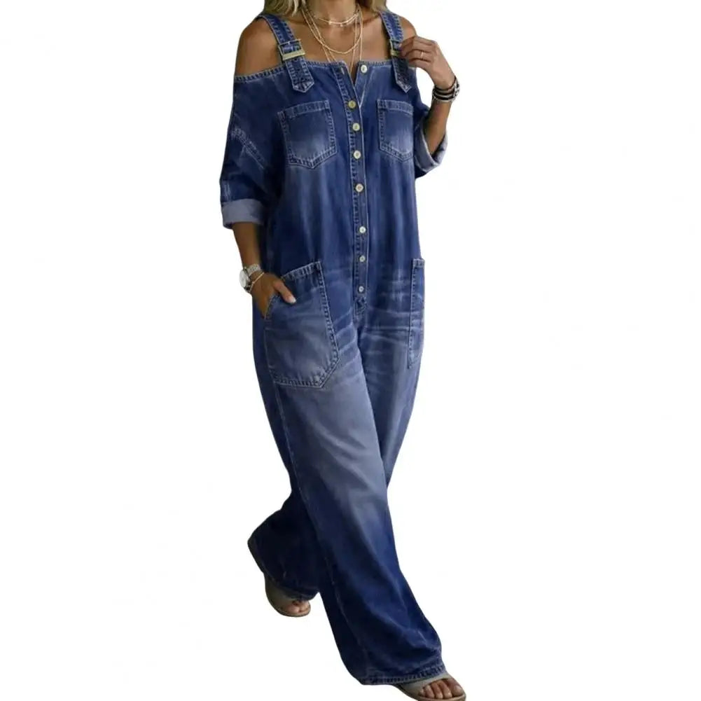 Summer Denim Jumpsuit for Women, Long Sleeve Off Shoulder Loose Bib Overall, Button Down Wide Leg Jeans Romper with Pockets