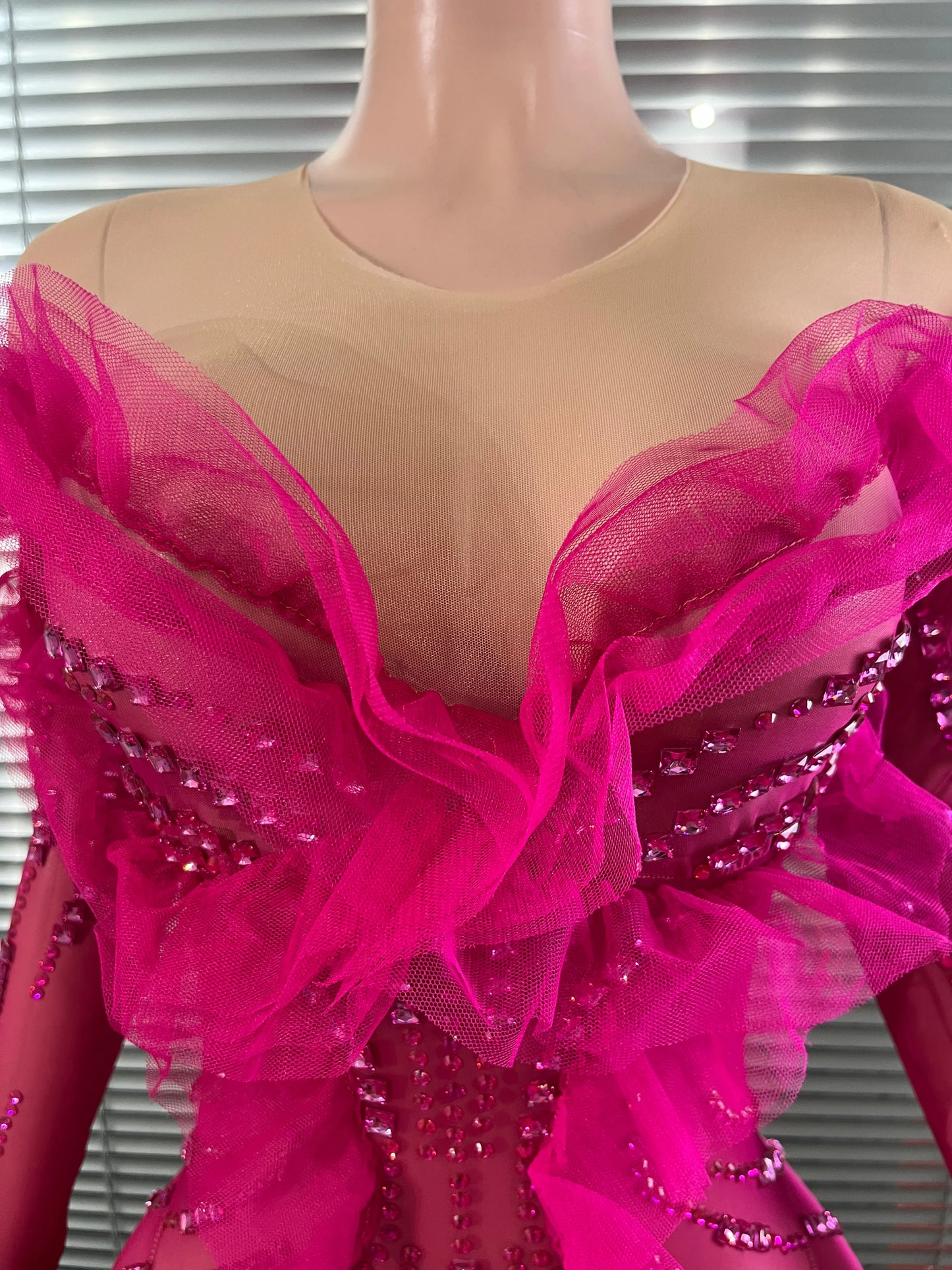 Luxury Rhinestone Mesh Bodysuit Ruffle Frill and Asymmetrical Design Formal Events Photoshoots Stage Performance Party Outfit