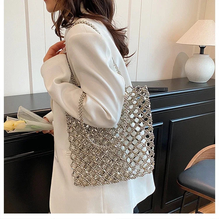 2026 Fashion Exquisite Bead Sense of Luxury Hollow Out Women‘s Handbags Hot Sale New No Zipper Acrylic Square Shoulder Bags