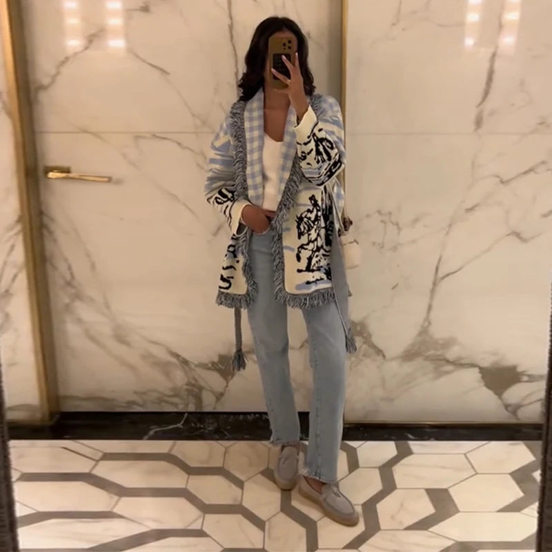 Casual Print Knit Cardigan Women V Neck Long Sleeves Tassels Belts Loose Sweater Female 2026 Autumn Winter Chic Warm Knitwears