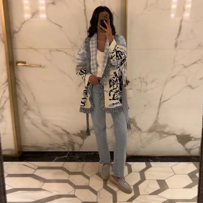 Casual Print Knit Cardigan Women V Neck Long Sleeves Tassels Belts Loose Sweater Female 2026 Autumn Winter Chic Warm Knitwears