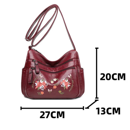 Embroidery Flowers Shoulder Messenger Bag Female Handbags Luxury Designer Purses Soft PU Leather Crossbody Women's Evening Bag