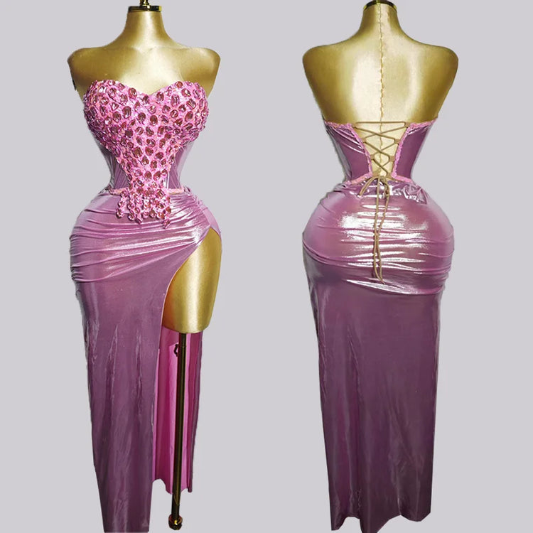 Woman Performance Suit Sexy Pink Backless Strapless Rhinestones Dress Event Costume Dancewear Top And Skirt Birthday Drag Club