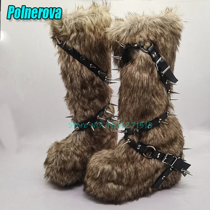 Black Fur Platform Knee High Boots for Women Punk Rivet Belt Buckle Strap Snow Boots Winter Warm Fashion Y2K Girl Shoes Big Size