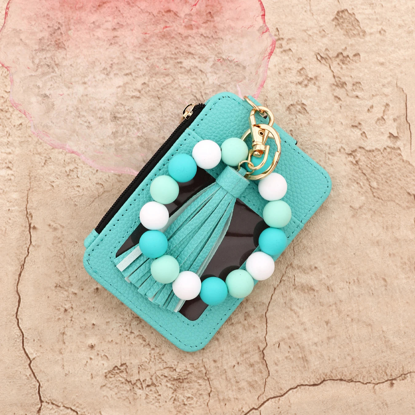 2025 Silicone bead pu leather key chain wristlet id credit card holder keychain wallet for women with bangle bracelet