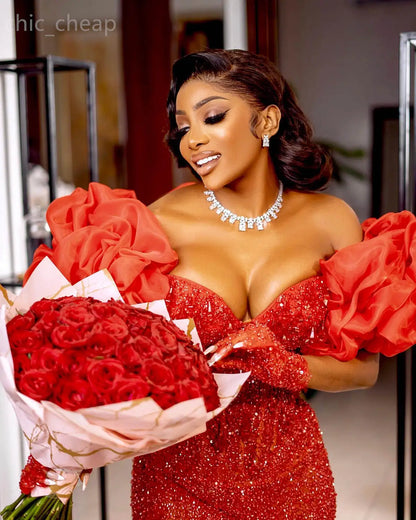 Luxurious Beaded Prom Dresses Off The Shoulder Sequined Evening Dress Ruffles Sleeve Jumpsuits Celebrity Party Gown