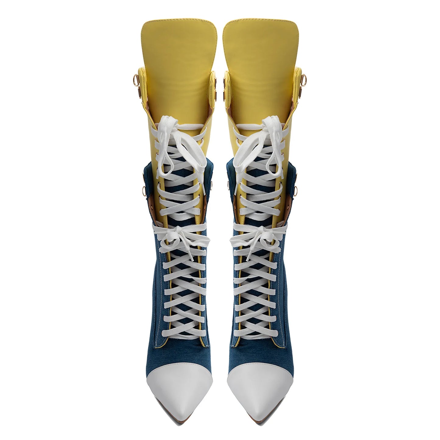 Color Block Denim Stiletto Mid Calf Boots Contrast White Toe Yellow Fold Over Cuff Front Lace Up Slim Heel Booties Women Punk