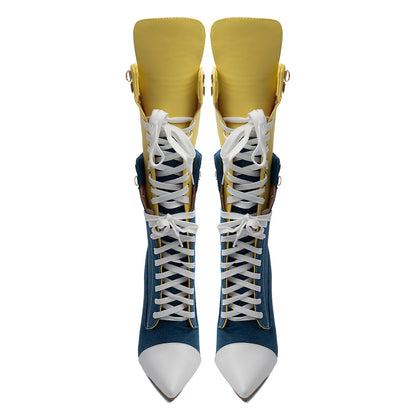 Color Block Denim Stiletto Mid Calf Boots Contrast White Toe Yellow Fold Over Cuff Front Lace Up Slim Heel Booties Women Punk