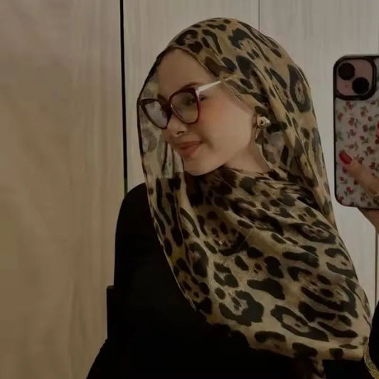 Lightweight Leopard Print Scarf for Women Fashion Head Cover Hijab Cotton Voile Scarf Shawl Wrap for Spring Fall Winter Season