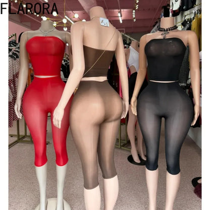 FLARORA Sexy Mesh See Through 2 Piece Sets Woman Strapless Sleeveless Crop Tops And Skinny Capri Pants Midnight Party Club Suits