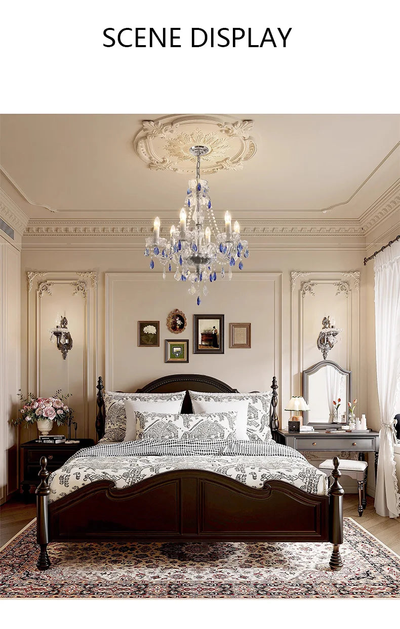 French Blue Romantic Crysatl Chandeliers Light Luxury Glass Living Room Art Decor Candle Pendant Lights Lighting Bedroom Lamps