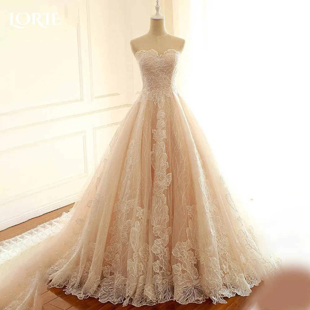 LORIE Lace 3D Flowers Wedding Dresses High Collar Appliques A-Line Long Sleeve Bridal Gown Princess Bride Dress Customized Party