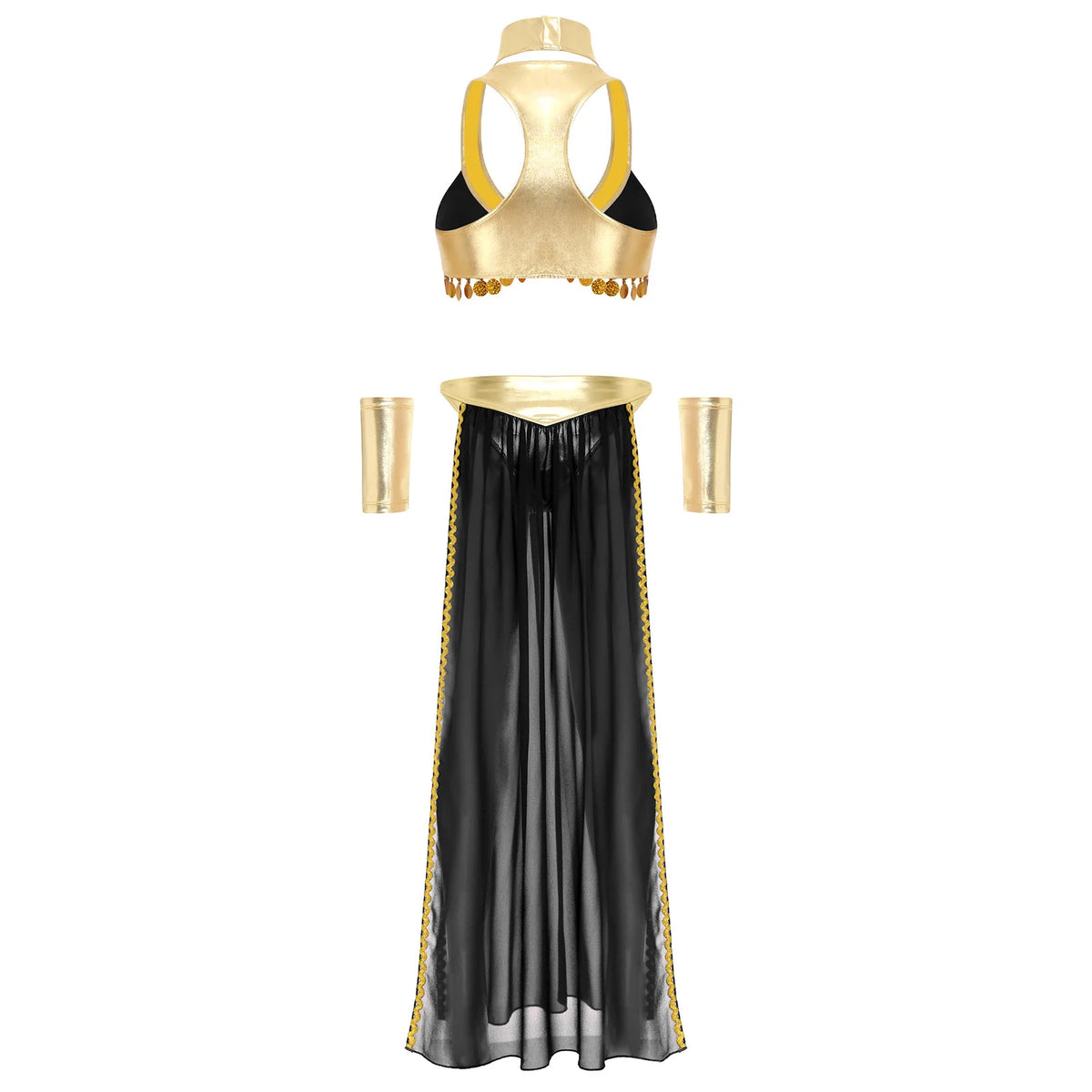 Women Ancient Egyptian Queen Cosplay Outfits with Collar Crop Top with Chiffon Skirt Metallic Shiny Indian Belly Dance