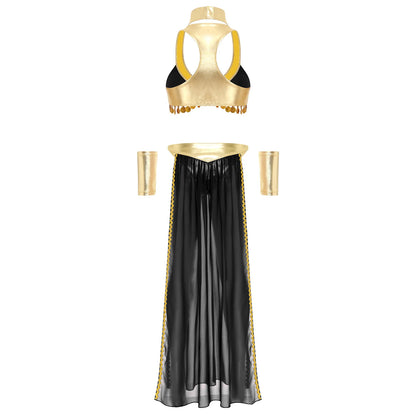 Women Ancient Egyptian Queen Cosplay Outfits with Collar Crop Top with Chiffon Skirt Metallic Shiny Indian Belly Dance