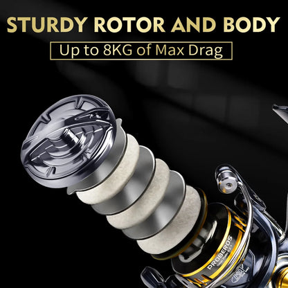 Spinning Fishing Reel 800 Size 5.2:1 7+1BB 8KG Max Drag CNC Metal Handle Deep Spool Long Cast Saltwater Rock Lure Fishing Reel