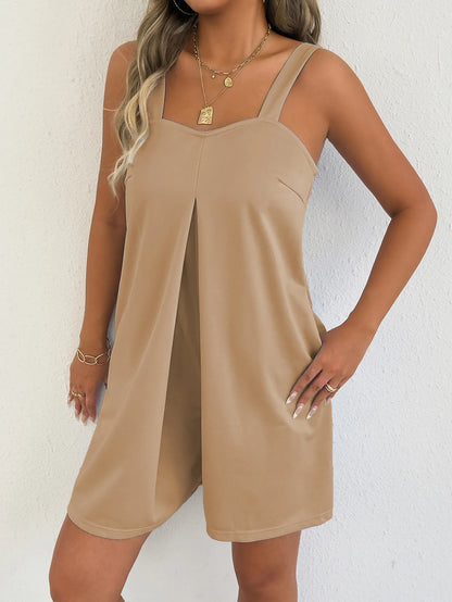 Women Sleeveless Strap Short Romper Heart Neck Pleated Wide Leg Jumpsuit With Pockets Loose Summer Casual Beach Vacation Outfit