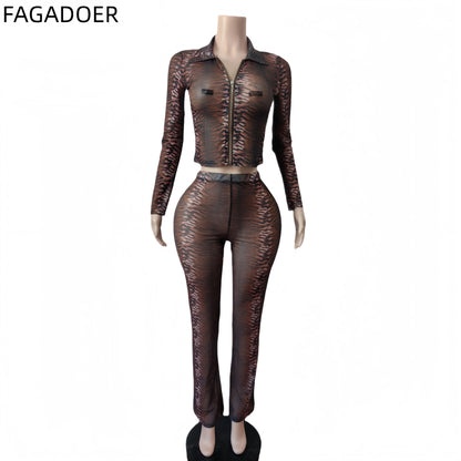 FAGADOER Y2K Fashion Tiger Striped Print Pants 2 Piece Sets Cool Girl Street Zipper Lapel Long Sleeves Top + Flare Pants Outfits