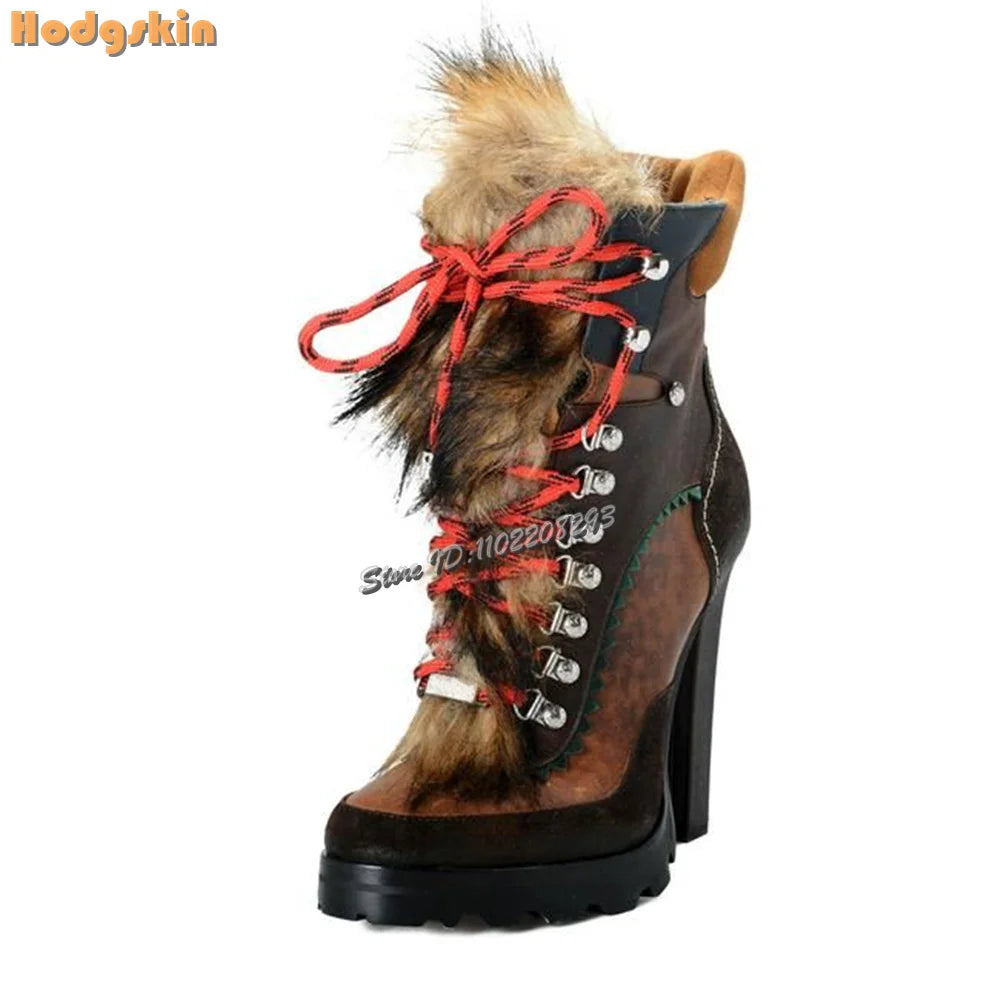 Retro Faux Fur Ankle Boots Pointed Toe Patchwork Cross-tied High Heels Short Boots 2025 Autumn New Women's Fashion Casual Shoes
