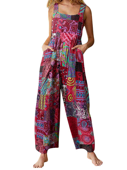 Captivating New Women Summer Overalls, Multicolor Ethnic Style Square Neck Sleeveless Casual Jumpsuit with Pockets for Girls
