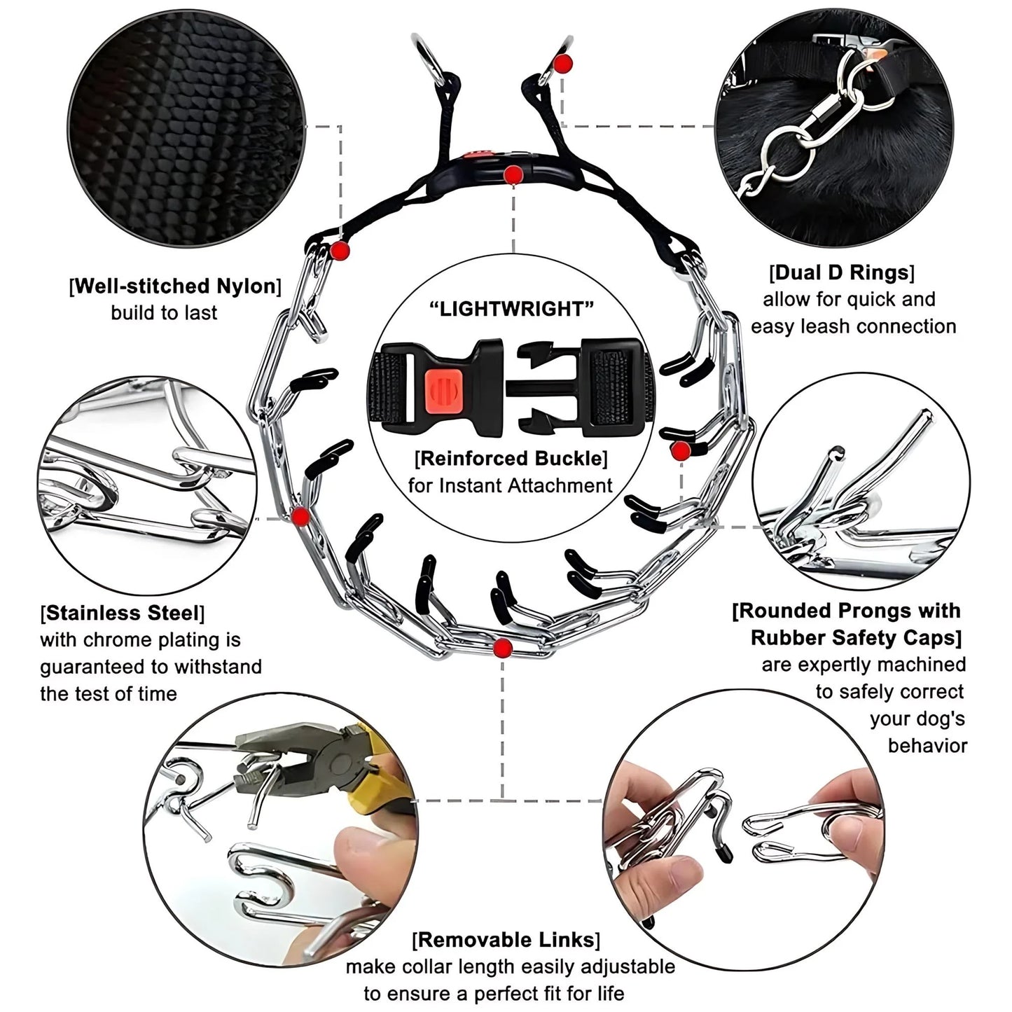 Dog Prong Training Collar - Choke Pinch Collar with Rubber Comfort Tips, Quick Release Snap Buckle