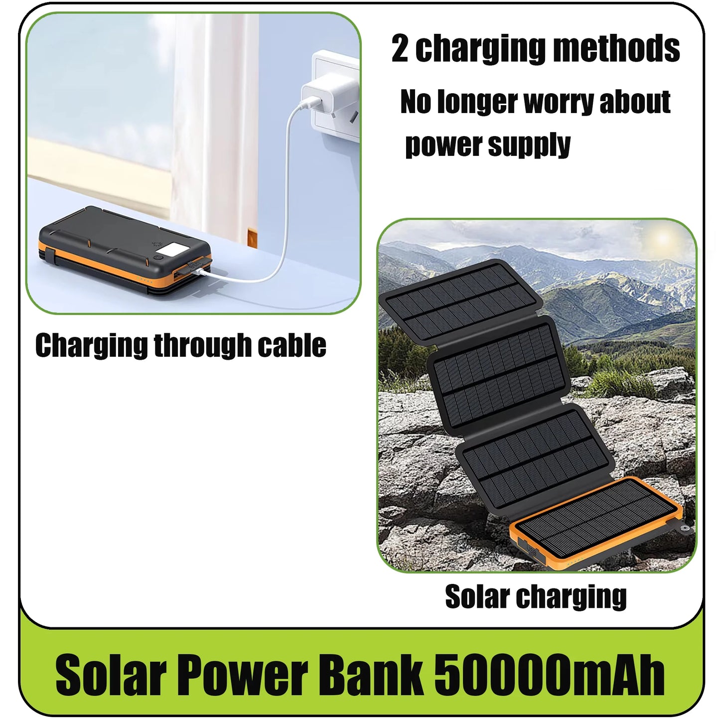 Solar Power Bank 50000mAH Folding Solar Panels 5V 2A USB Output Portable Outdoor Camping Sun Power For IPhone Android