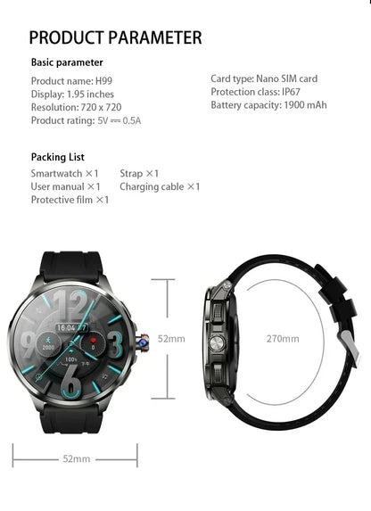 H99 Smart Watch Android Watches Amoled Smartwatch With 190° Rotary Camera Google Play Store 1.95 inch Amoled Screen