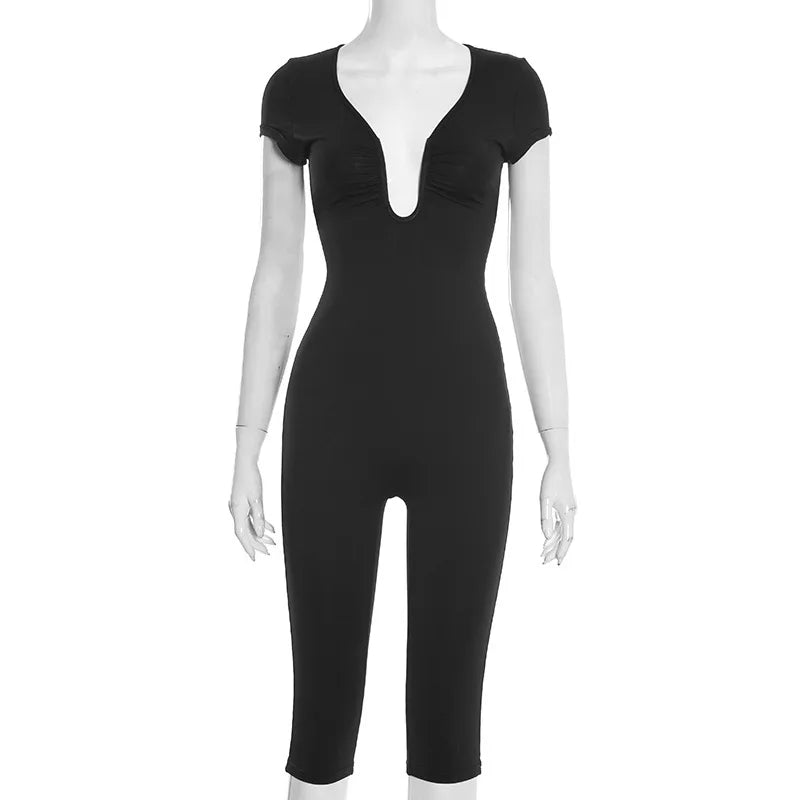 Short Sleeve Sexy Club Party Jumpsuit Women Y2K Casual Autumn Winter V Neck Bodycon Black Overalls Rompers Streetwear Vacation