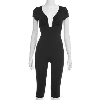Short Sleeve Sexy Club Party Jumpsuit Women Y2K Casual Autumn Winter V Neck Bodycon Black Overalls Rompers Streetwear Vacation