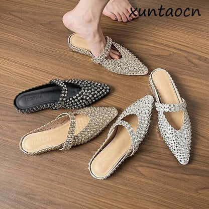 Luxury Rhinestone Pointed Toe Slippers for Women Sexy Backless Flats Mules Sandals Elegant Party Dress Mary Jane Shoes Ladies
