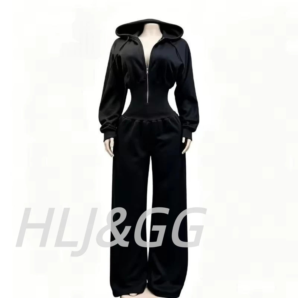 HLJ&GG Autumn Light Fleece Hooded Wine Leg Pants One Piece Jumpsuits Women Zipper Long Sleeve High Waist Sweat Sport Sportswears