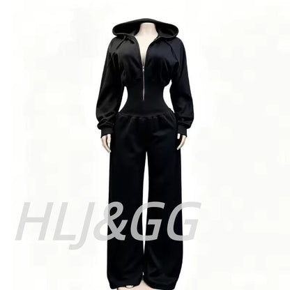 HLJ&GG Autumn Light Fleece Hooded Wine Leg Pants One Piece Jumpsuits Women Zipper Long Sleeve High Waist Sweat Sport Sportswears
