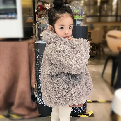 Autumn Winter Girls Warm Coat 2025 New Korean Fashion Faux Fur Thicken Solid Color Turn-down Collar Plush Jacket