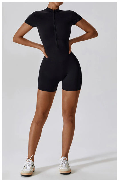 Womens Yoga Short Sleeve Jumpsuits Summer Slim Thin Fit Stretch One Piece Playsuits Romper Sexy Fitness Female Zipper Sportwears