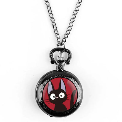Anime Black Cat Glass Dome Quartz Pocket Watch Arabic Dial Vintage Men Women Necklace Pendant Creative Clock Children Gift