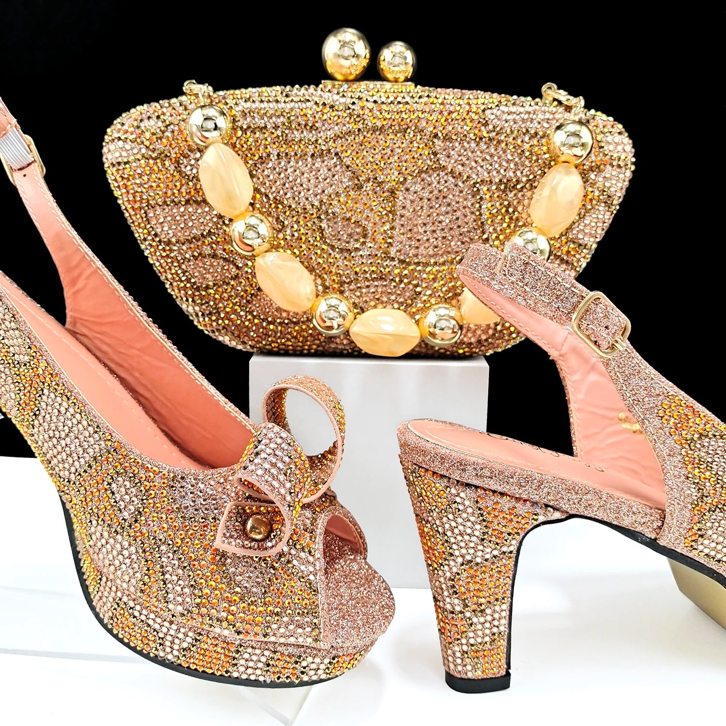 Nigerian Fashion Design Girly Style Party Shoes And Bag Sexy High Heels And Full Diamond Dual Purpose Mini Bag Women's Shoes
