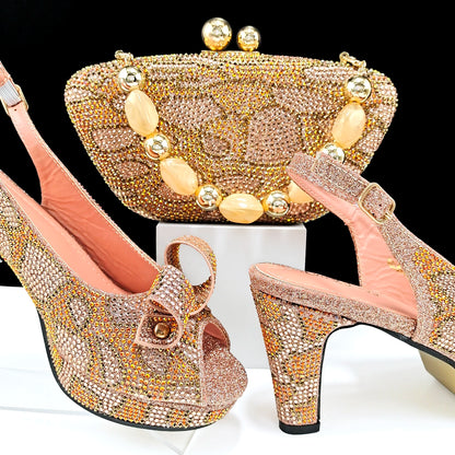 Nigerian Fashion Design Girly Style Party Shoes And Bag Sexy High Heels And Full Diamond Dual Purpose Mini Bag Women's Shoes