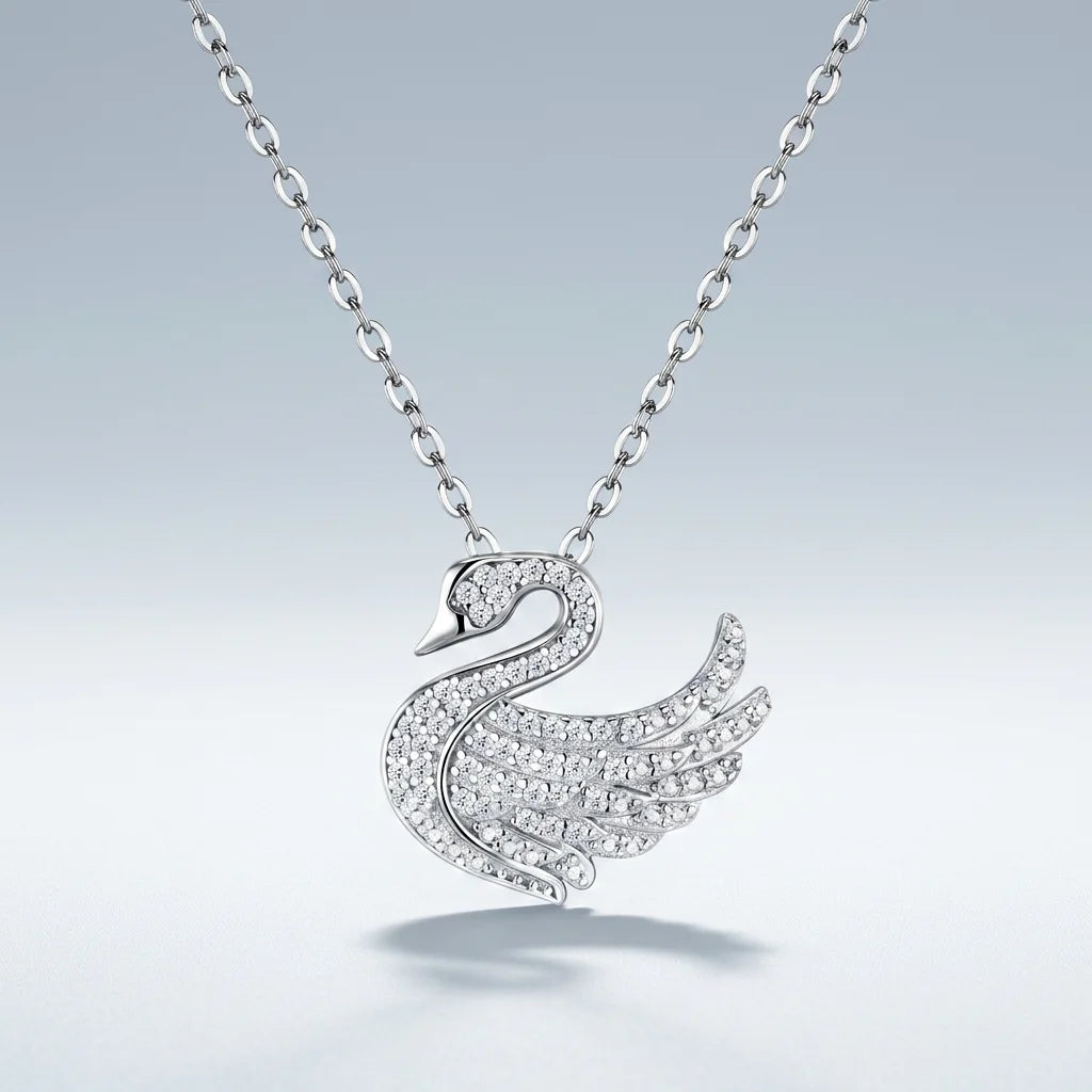 S925 Sterling Silver D‑Color Moissanite Swan Necklace, Sparkling Pave Pendant, Hypoallergenic Fine Jewelry Gift for Women