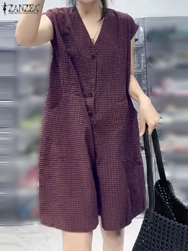 2025 ZANZEA Fashion Women Wide Leg Jumpsuits Summer Plaid Checked Overalls Pants Casual V Neck Sleeveless Work Rompers Oversize