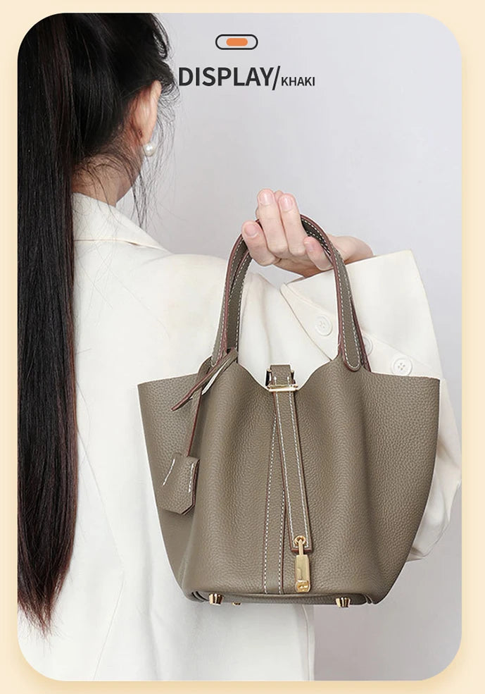 Women Tote Bags 100% Genuine Leather Bucket Female Fashion Solid Designer Shopper Shoulder Handbags Brand Trend Purses