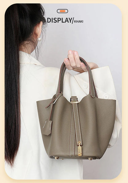 Women Tote Bags 100% Genuine Leather Bucket Female Fashion Solid Designer Shopper Shoulder Handbags Brand Trend Purses