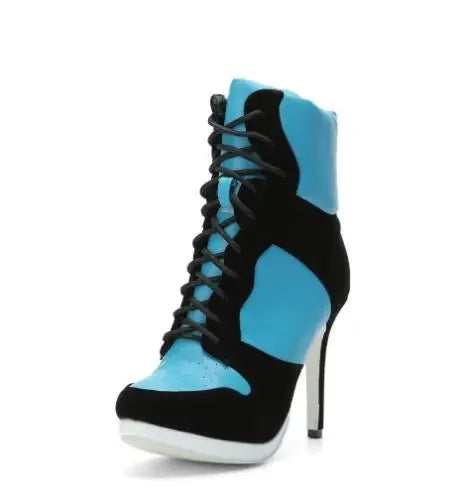 Lace Up High Top High Heel Sport Boots Size 47 Sporty Style Woman High Heel Lace-Up Short Boot High Heel Woman Sport Ankle Boots