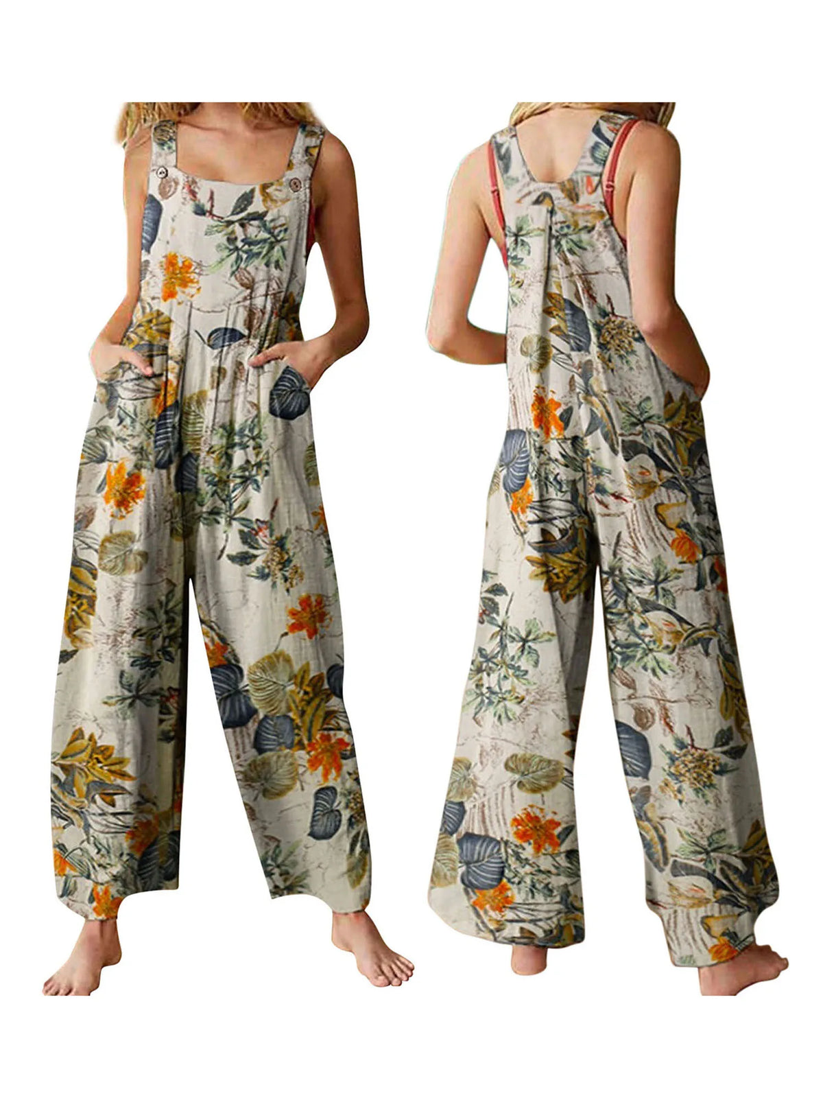 Women Plus Sizes Jumpsuit Leaf Floral Print Square Neck Sleeveless Fashion Casual Overalls with Pockets