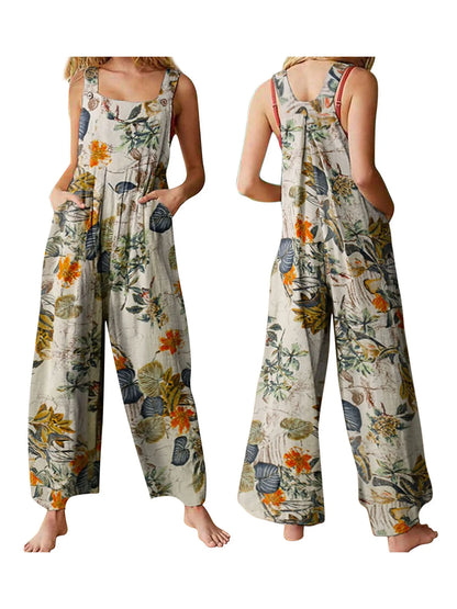 Women Plus Sizes Jumpsuit Leaf Floral Print Square Neck Sleeveless Fashion Casual Overalls with Pockets