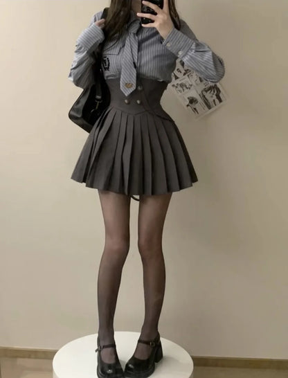 Spring 2025 Preppy Style American Uniform Set Girls Short Suit Coat Long Sleeve Striped Shirt Slim High Waist Pleated Skirt Grey